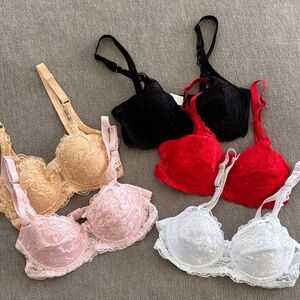 Lace Underwire Bra Set - Black, Red, Pink, White, Nude